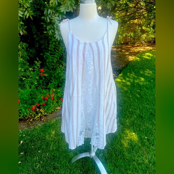 Listicle Cream and Tan Striped Lace Dress - Picture 1 of 8